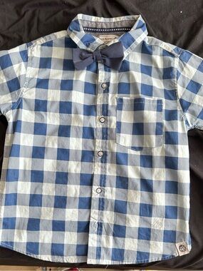 Free Planet Blue and White Gingham Button-Up Shirt with Navy Bow